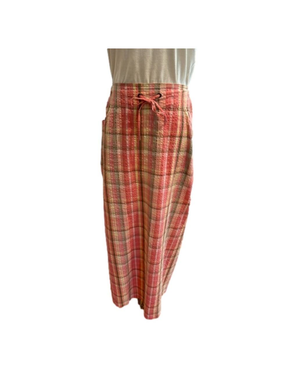 J PETERMAN 90s PINK & OLIVE GREEN PLAID SEERSUCKER PENCIL MIDI SKIRT SZ 12 - Picture 5 of 9